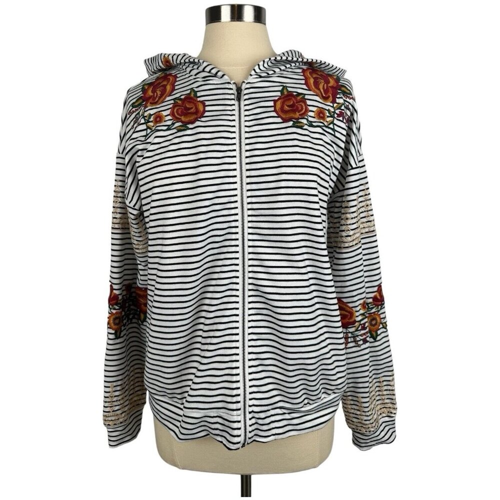 SAVANA JANE Womens Size S Hoodie Embroidery Long Sleeve Rose Zip Up Floral Strip